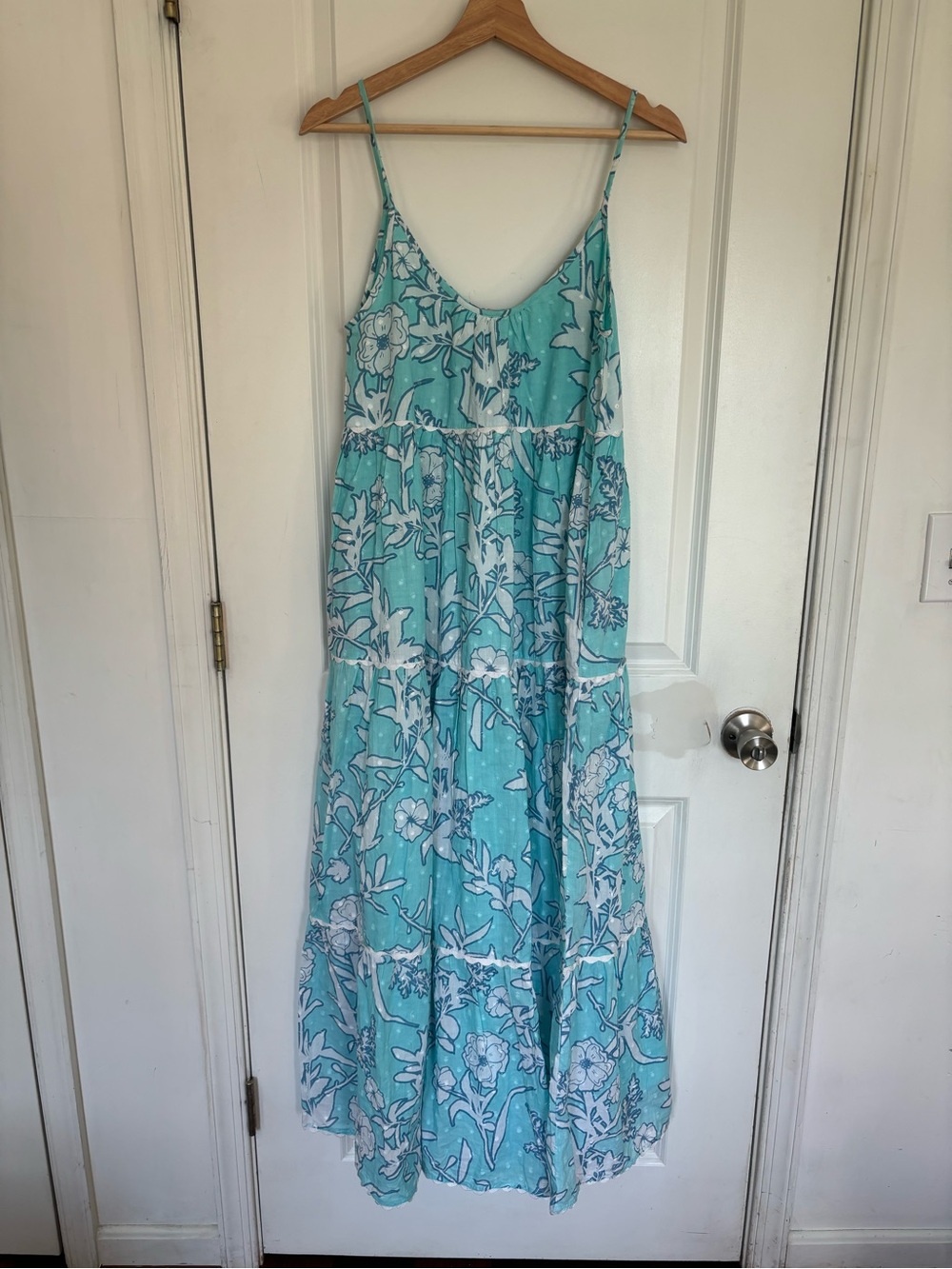 Olivia James Light Blue Coastal Floral Tiered Flowy Maxi Dress XS